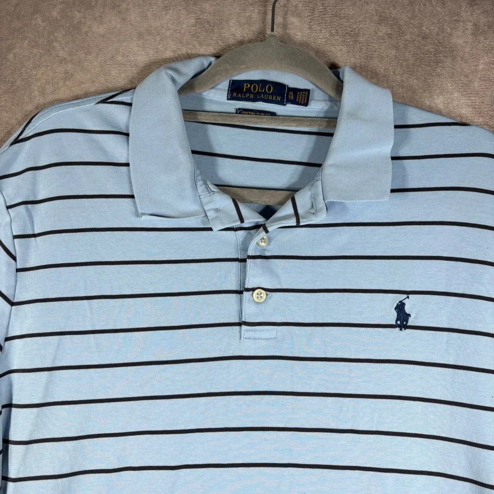 Polo Ralph Lauren Polo Shirt Mens XL Blue Black Striped Custom Slim Fit Preppy